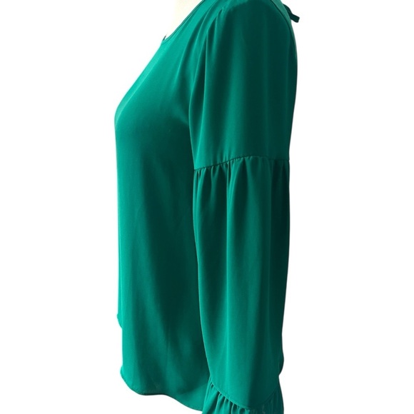 LOFT Green Bell Sleeve Blouse Relaxed Tiered Style - Picture 4 of 8
